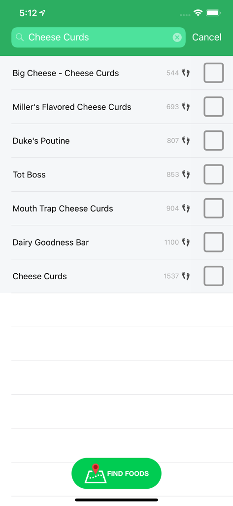 FairEats app search results for cheese curds showing vendor names and estimated step counts