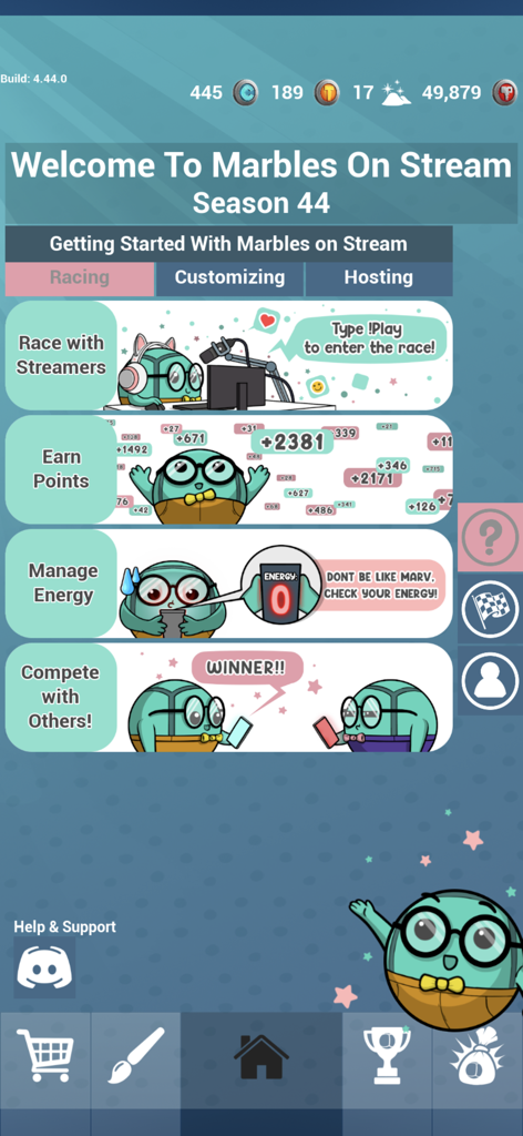Marbles On Stream Mobile - Onboarding screen for Marbles On Stream Mobile explaining features like racing with streamers and earning points