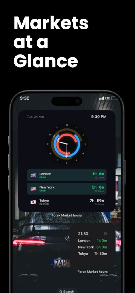 Forex Calculator & Tools - Uno schermo di un'app mobile che mostra gli orari delle sessioni di mercato forex globali e i timer di conto alla rovescia per Londra, New York e Tokyo.