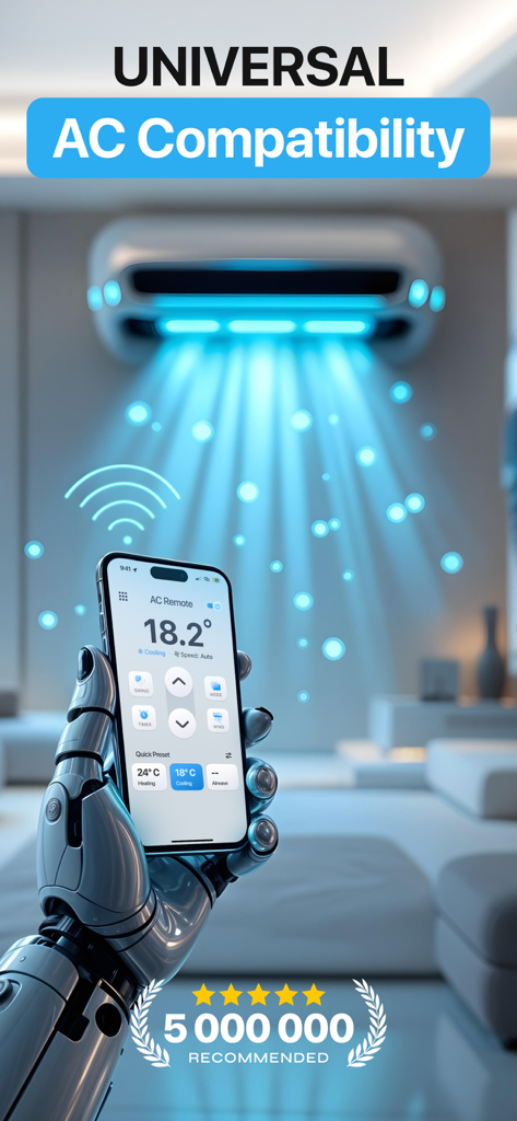Air Conditioner Controller - Un iPhone affichant l'interface de l'application Contrôleur de climatiseur tenu par une main robotique avec une unité de climatisation moderne en arrière-plan.