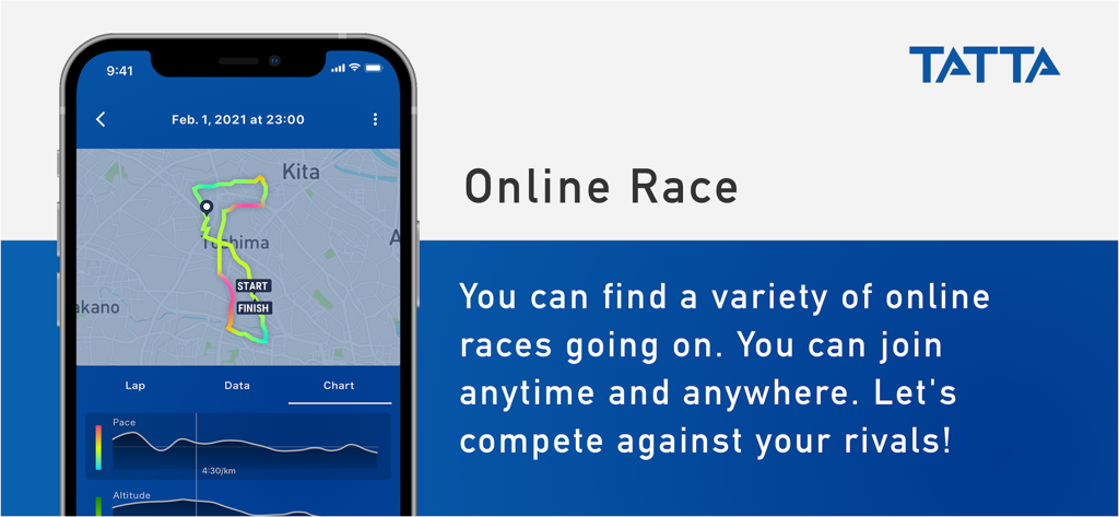 GPSランニングマップとパフォーマンスチャートを表示したTATTAアプリのオンラインレース機能を示すスマートフォン