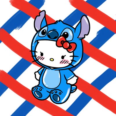 little cute hello kitty, blushing with little stitch costume