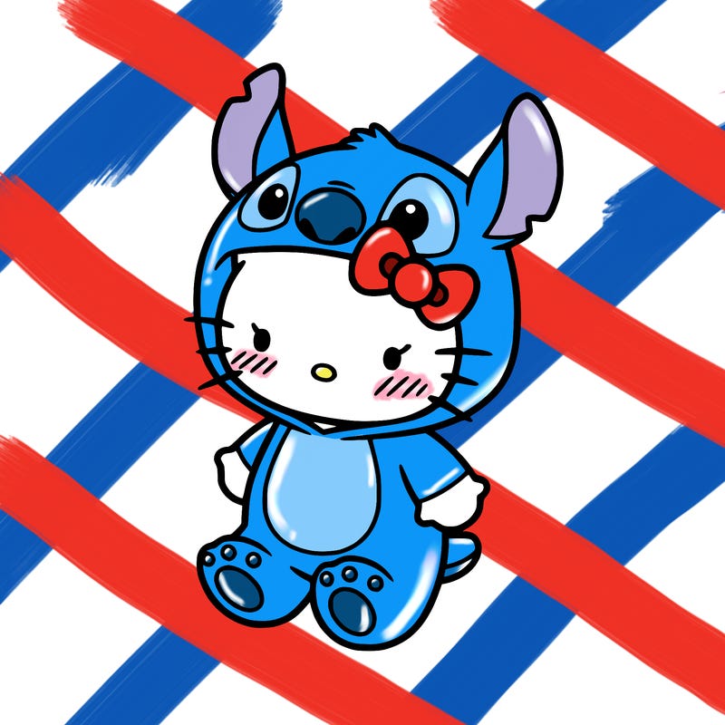 little cute hello kitty, blushing with little stitch costume