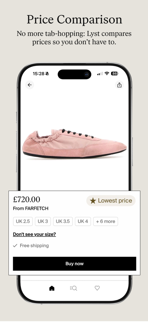 Lyst app interface displaying price comparison and lowest price badge for a designer shoe