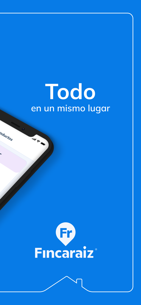 Finca Raiz - Arriendo y Venta - Finca Raiz app welcome screen featuring the brand logo and the slogan Todo en un mismo lugar on a blue background