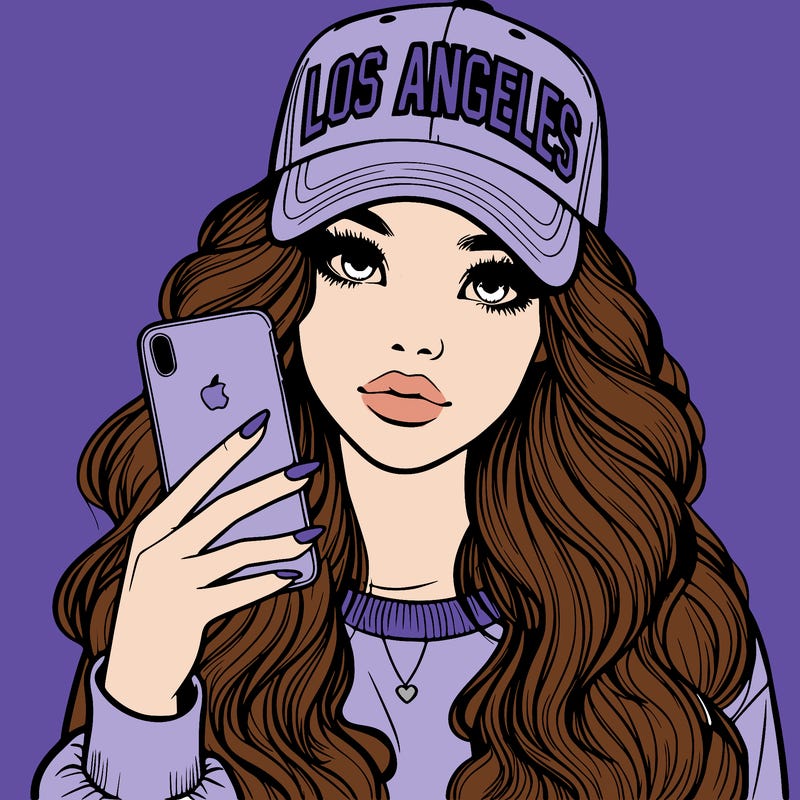 realistic beautiful girl wearing los ángeles cap holding an iphone