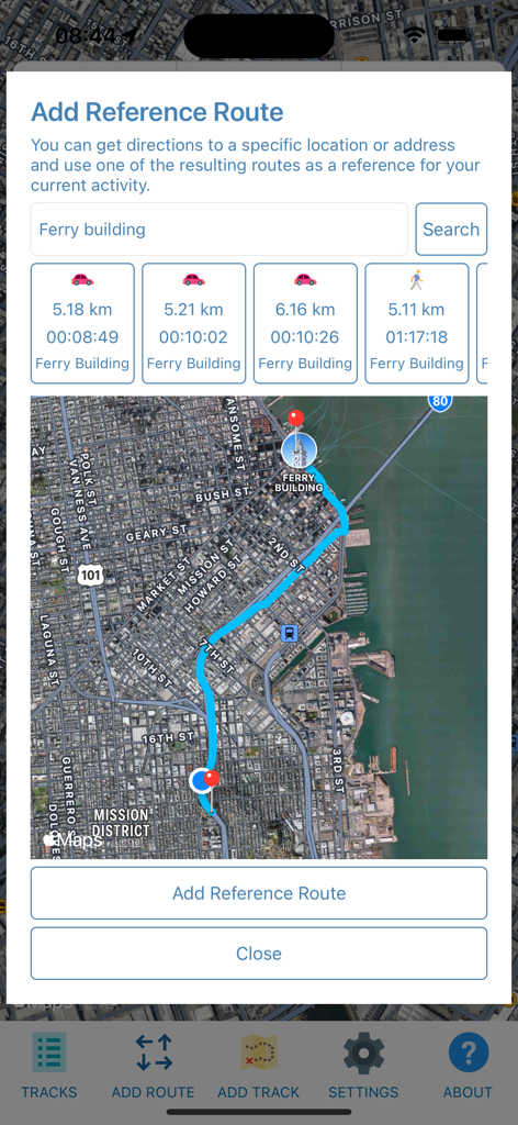 GeoTracker Lite app interface showing the Add Reference Route feature with a map and route options to the Ferry Building