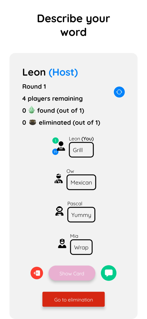 Mobile screen showing players sharing word clues in the Chameleon social deduction game