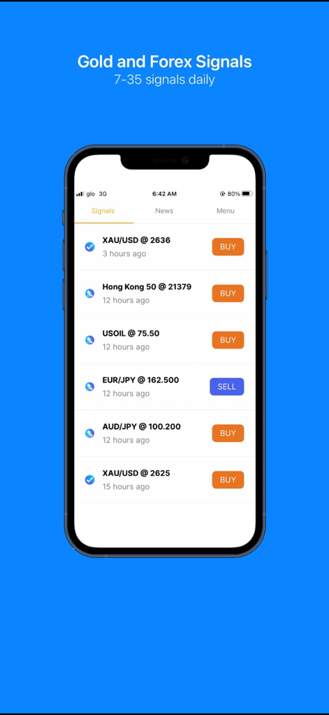 Mobile app screen showing daily gold and forex trading signals with buy and sell alerts