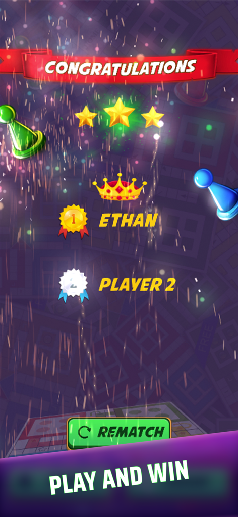 Ludo Classic Game - Congratulations screen in Ludo Classic Game showing player rankings with a first place winner and a rematch button