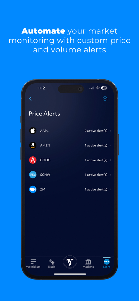 Interfaccia dell'app mobile TradeStation che visualizza alert attivi sul prezzo delle azioni per il monitoraggio del mercato.