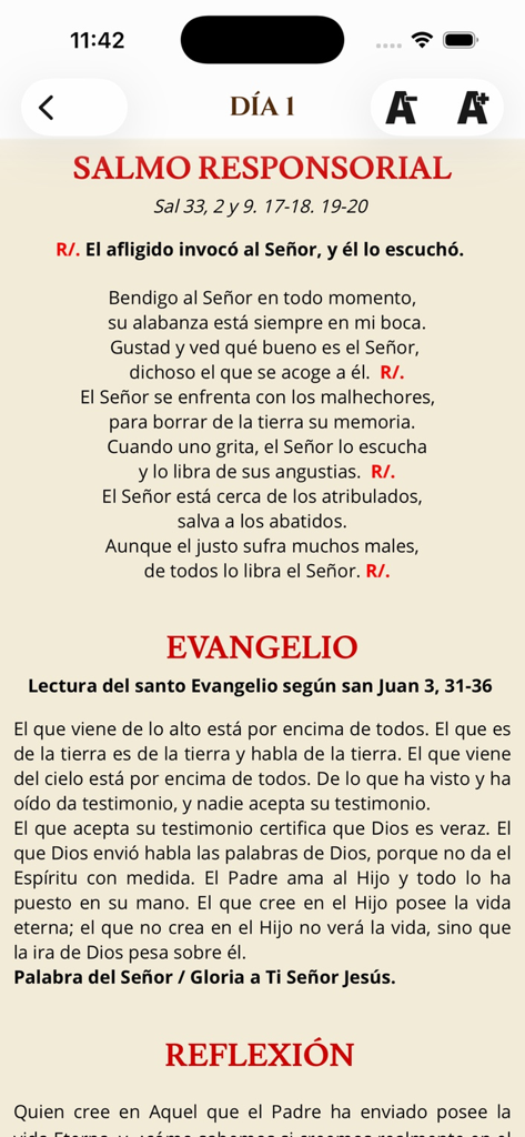 Peregrinemos - Pantalla de aplicación católica que muestra las lecturas del Salmo, Evangelio diario y reflexiones espirituales en español.