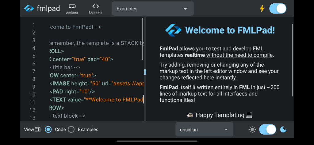 Framework Markup Language - La interfaz de FMLPad mostrando una pantalla dividida con un editor de código a la izquierda y una vista previa en vivo a la derecha.