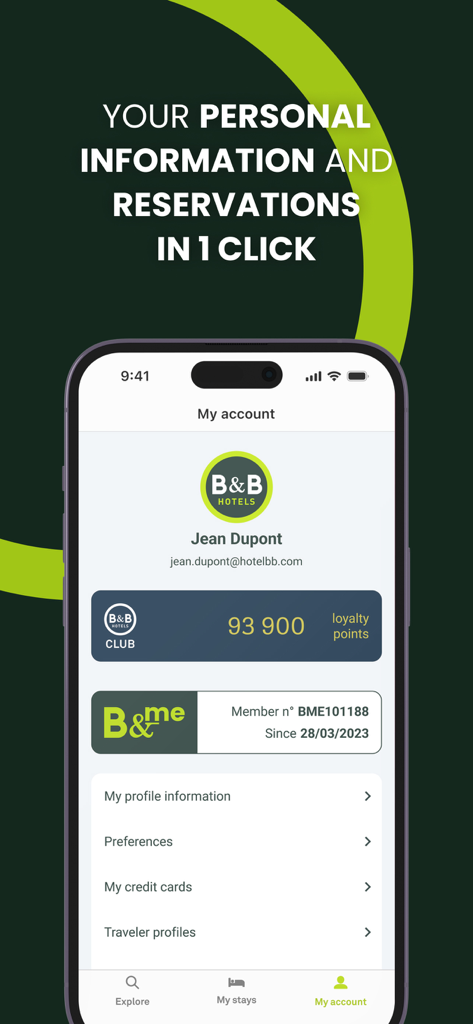 B&B HOTELS: book a hotel - User account and loyalty points profile screen on the BB HOTELS mobile app