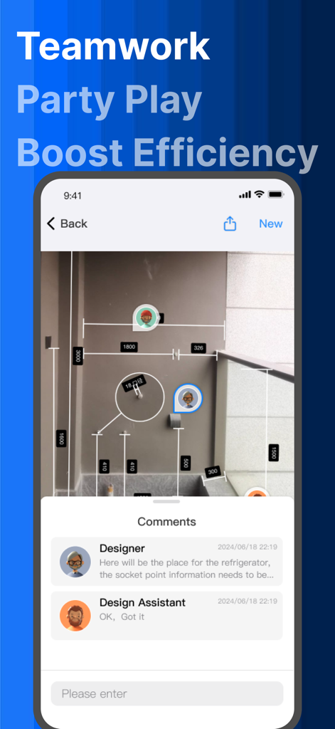 MarkMaster-image meter measure - MarkMaster app interface showing teamwork with designer comments and measurements on a photo