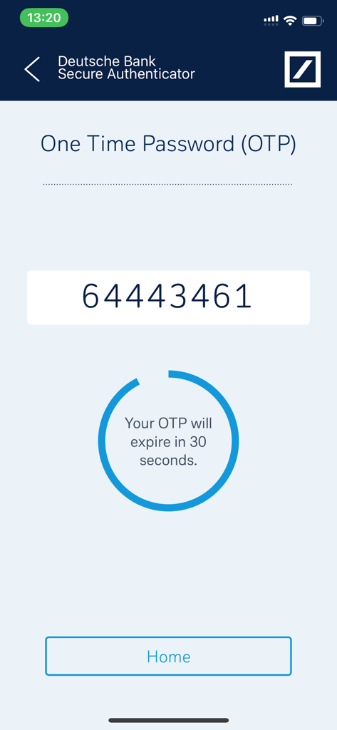 DB Secure Authenticator - Deutsche Bank Secure Authenticator app showing a one time password with a 30 second expiration timer