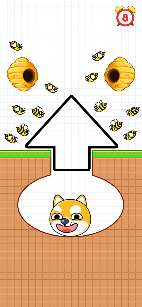 Save The Pets: Save Dog - Una captura de pantalla de un juego móvil de Save The Pets que muestra un perro Shiba Inu en un hoyo protegido de abejas atacantes