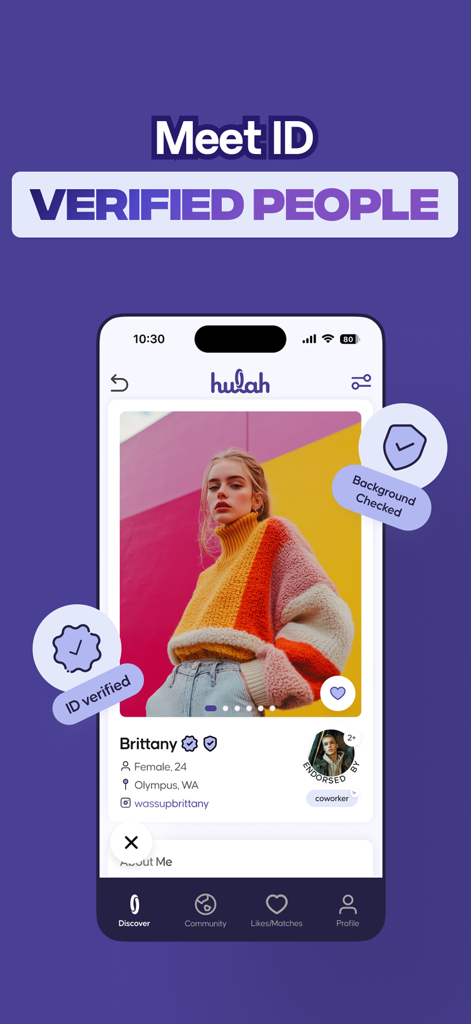 Hulah — Dating app - Hulah app interface showing a verified user profile with background check and coworker endorsement badges