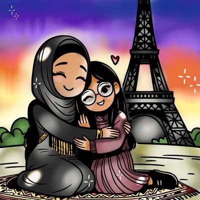 a girl hugging her best friend with the eiffel tower in the background
