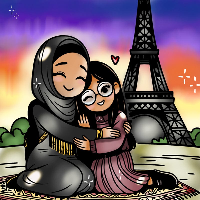 a girl hugging her best friend with the eiffel tower in the background