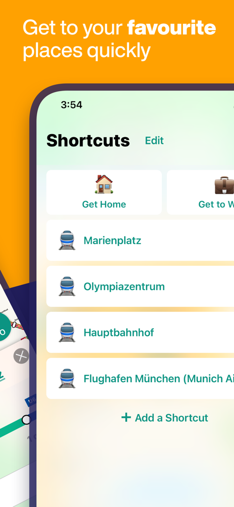 Pantalla de la aplicación Munich Metro mostrando atajos de navegación a lugares populares de la ciudad