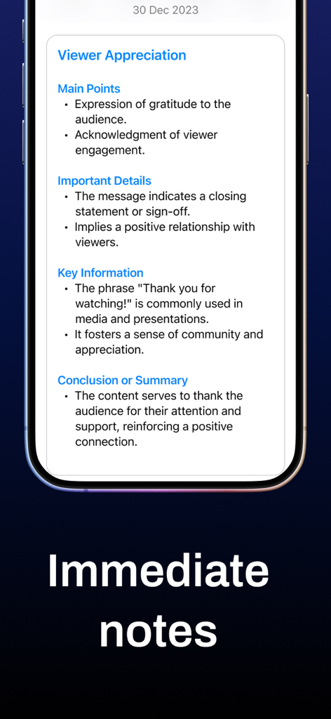 AI Note Taker: Meeting Minutes - AI Note Taker app displaying a structured summary of a meeting on an iPhone screen