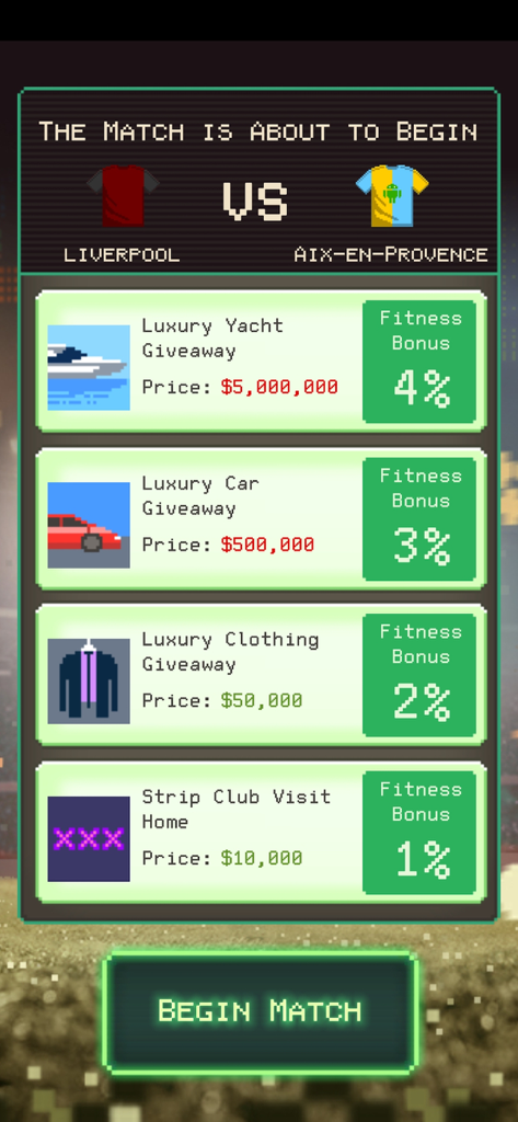 Football Boss: Be The Manager - Pantalla previa al partido con arte pixelado que muestra opciones para comprar regalos de lujo como yates y coches para mejorar la forma física del equipo.