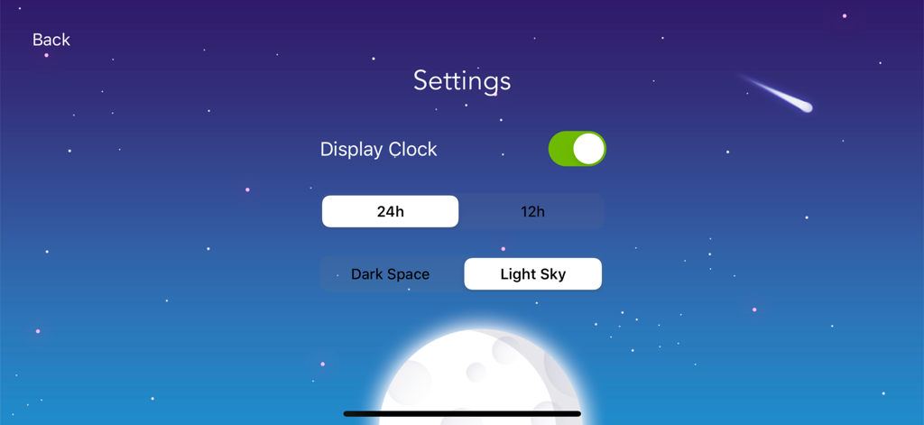 Einstellungen-Bildschirm der Space Night Light App mit Optionen für Uhrenanzeige und Hintergrundthemen