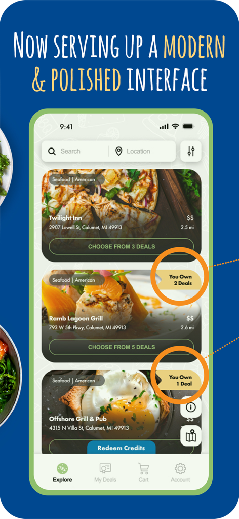 Restaurant.com mobile app showing dining deals and a modern user interface.