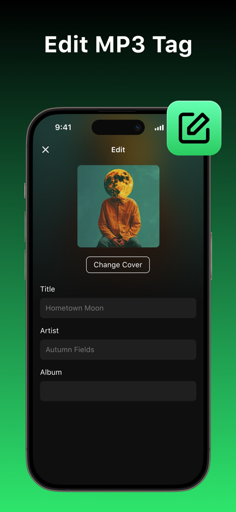Offline Music & MP3 Player - Schermata dell'app mobile per la modifica dei metadati MP3 e delle copertine degli album.