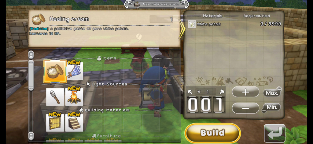 DRAGON QUEST BUILDERS - In-game crafting menu interface in Dragon Quest Builders showing the recipe for Healing Cream and materials required at a workstation.