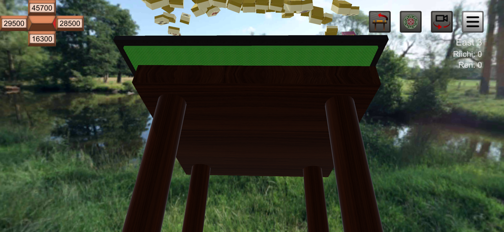 Gameplay screenshot of Riichi Mahjong showing the flip the table feature with tiles flying in the air