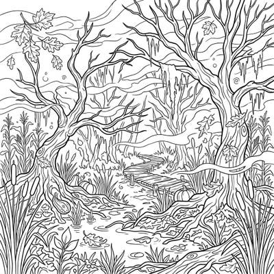Journey into an enchanting autumn scene with this detailed misty swamp coloring page. Discover gnarled trees, a winding boardwalk, and hidden harvest elements, perfect for a cozy fall coloring session.