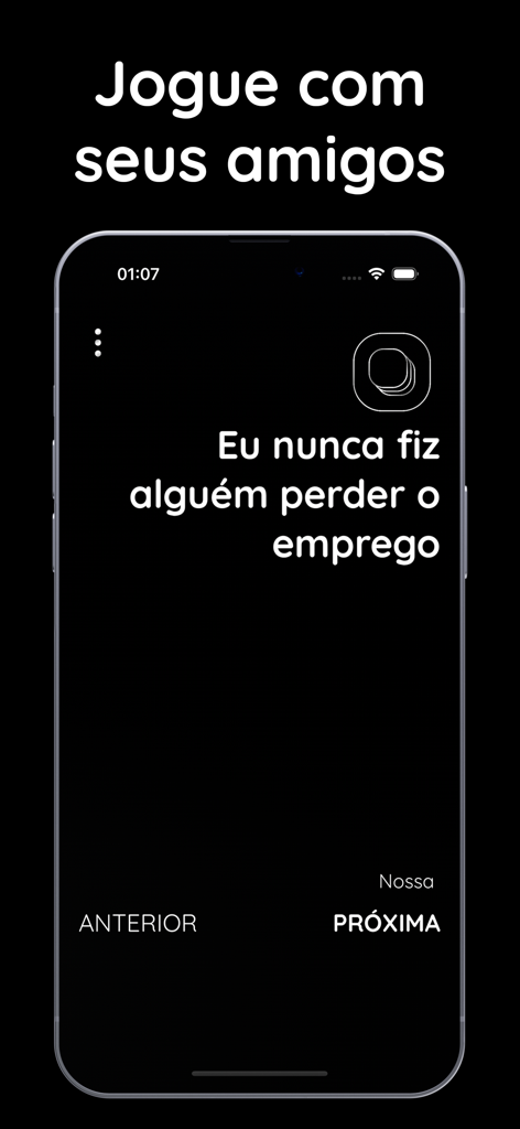 Eu Nunca +18 파티 게임의 아이폰 화면에 질문이 표시되는 스크린샷.