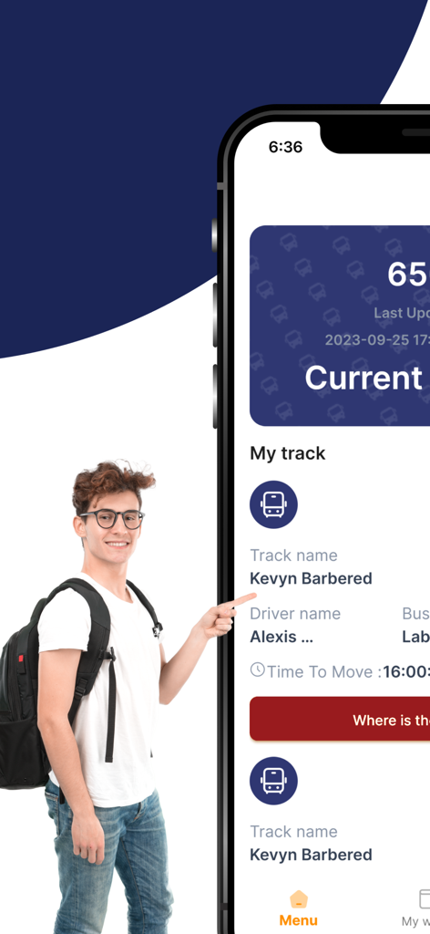 Bus Alnoor - Bus Alnoor app interface showing student bus track details and driver information on a mobile device