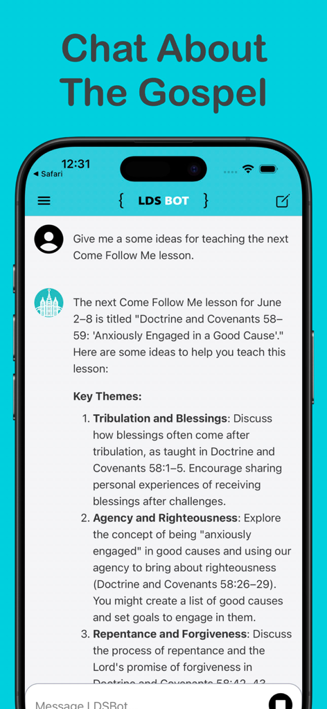 LDSBot - Interfaz de la aplicación móvil LDSBot que muestra ideas generadas por IA y referencias de las Escrituras para una lección de 'Ven, sígueme'.