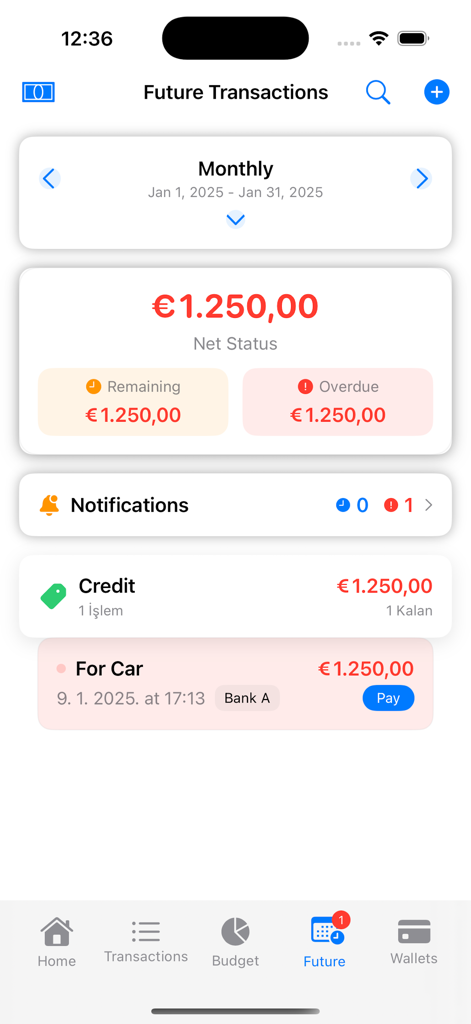 iMoney app showing future transactions and monthly financial status in Euros