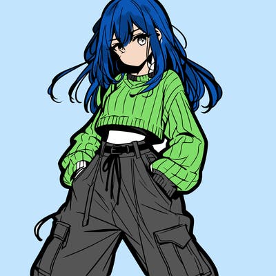 anime teen girl with baggy pants and crop top with sweater