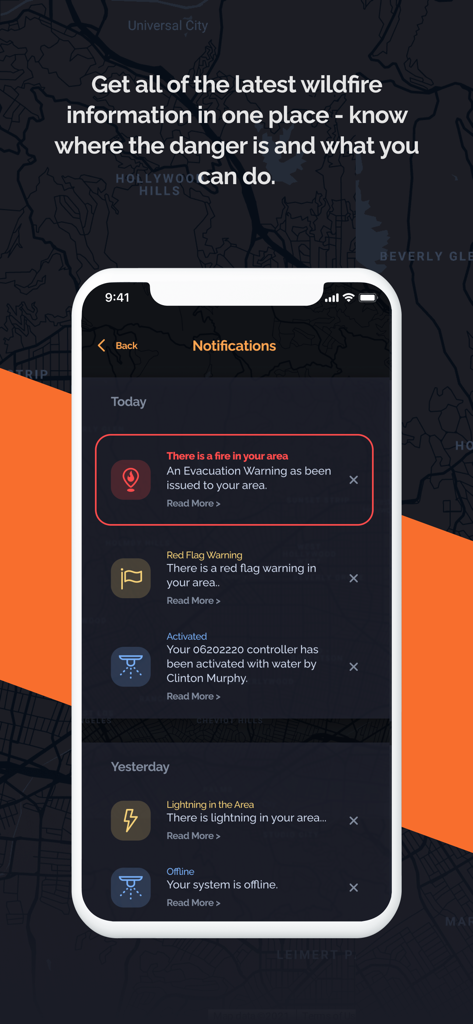 Frontline Wildfire Tracker - A smartphone displaying the notifications screen of the Frontline Wildfire Tracker app with alerts for local fires, evacuation warnings, red flag warnings, and lightning.