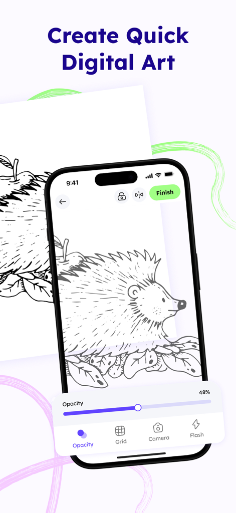 AR Drawing: Trace & Draw Art - Tela do smartphone mostrando a interface do aplicativo AR Drawing com um esboço de ouriço e controles de opacidade.