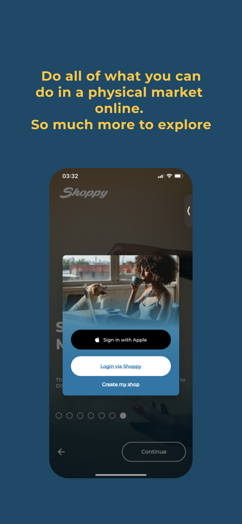 Shoppy MarketSpace Seller - Shoppy MarketSpace Seller app onboarding screen showing options to sign in with Apple or create a new shop