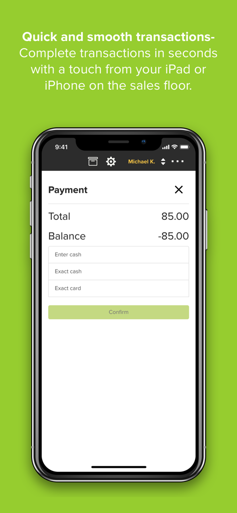 Point of Sale (POS) - Mobile payment interface on Erply POS app showing transaction total and payment options for retail businesses