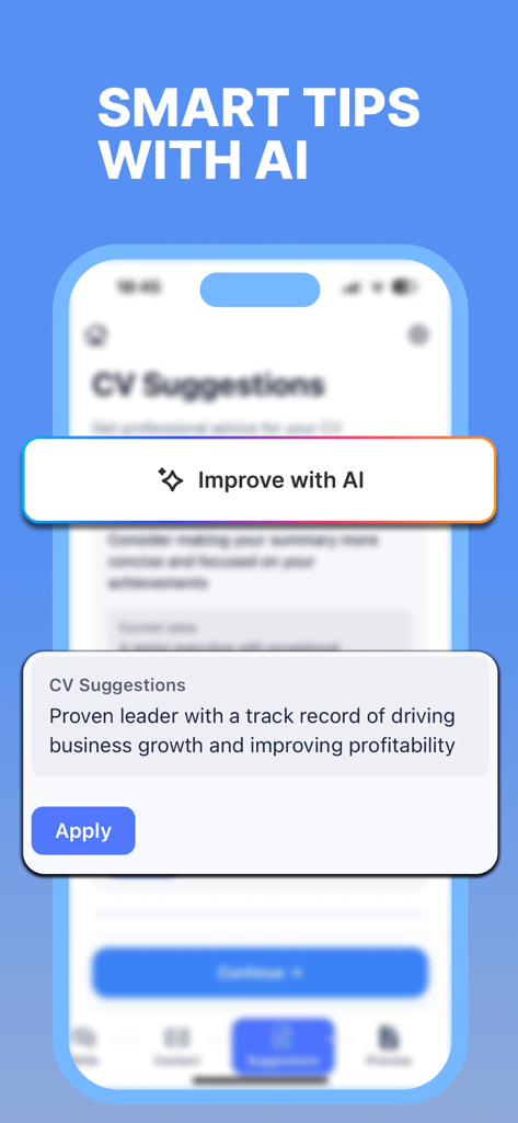 Resume Builder: AI CV-Maker - AI搭載の履歴書提案と「AIで改善」ボタンを表示するモバイルアプリのインターフェース