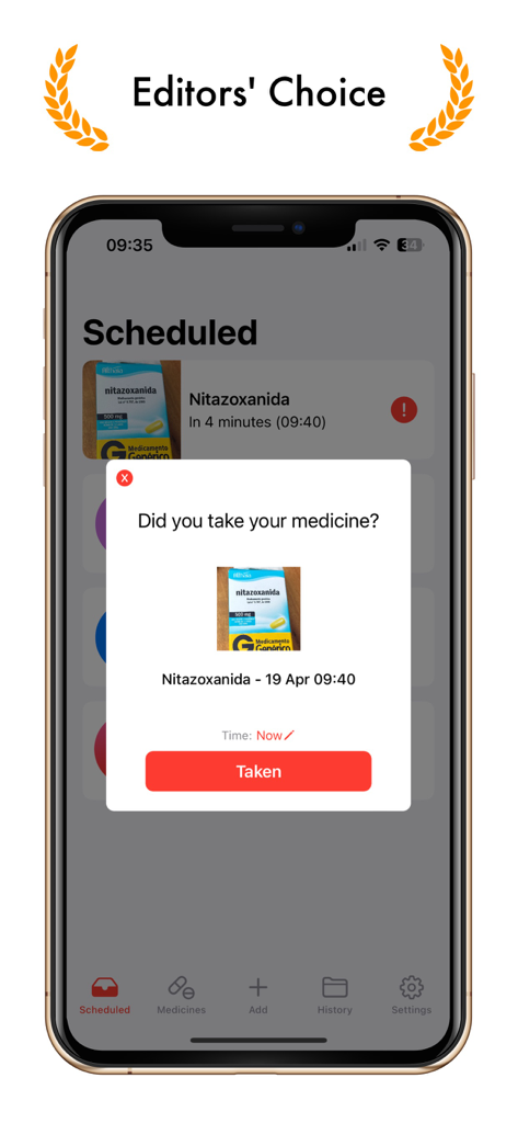 Pill Reminder app medication notification asking if medicine was taken with a photo of the box