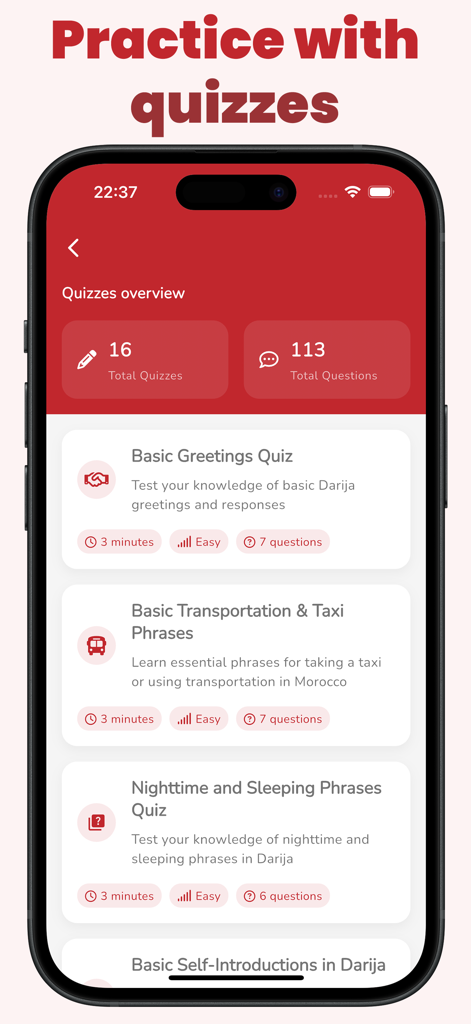 GoDarija Learn Moroccan Arabic - GoDarija app interface showing a list of Moroccan Arabic language quizzes including greetings and transportation