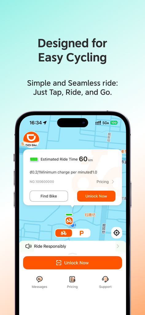 DiDi Bike - Didi Bike mobile app interface showing a city map with available bike locations and an unlock button
