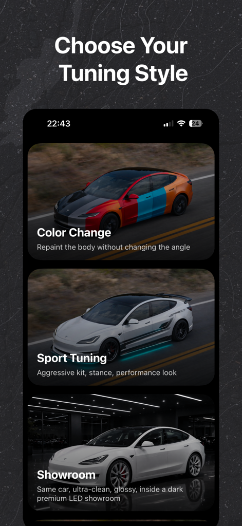 AI Car Designer & Customizer - Écran de l'application AI car customizer montrant les styles de tuning pour le changement de couleur, le tuning sportif et les modes showroom.