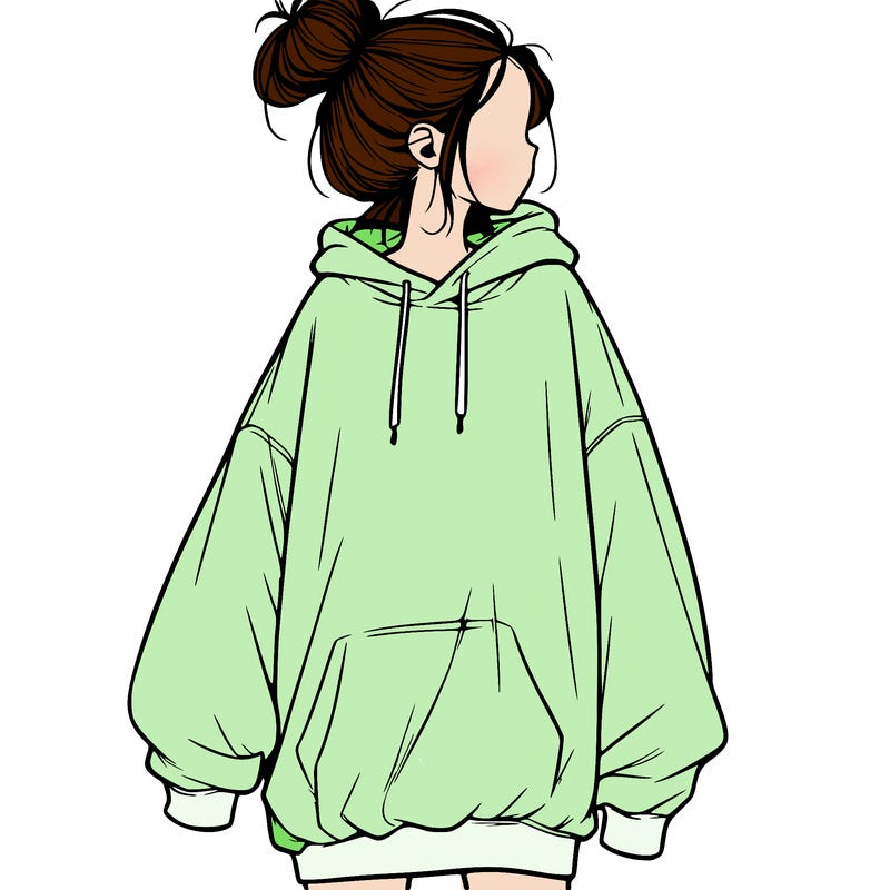 realistic girl with a oversized sweatshirt on and a bun