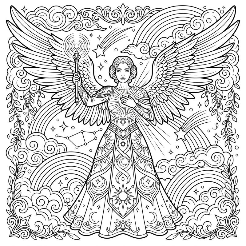 Discover the serene beauty of our Virtues Angel coloring page, a stunning design that embodies grace and strength. Dive into a world of intricate celestial patterns and flowing robes, perfect for artists of all ages.