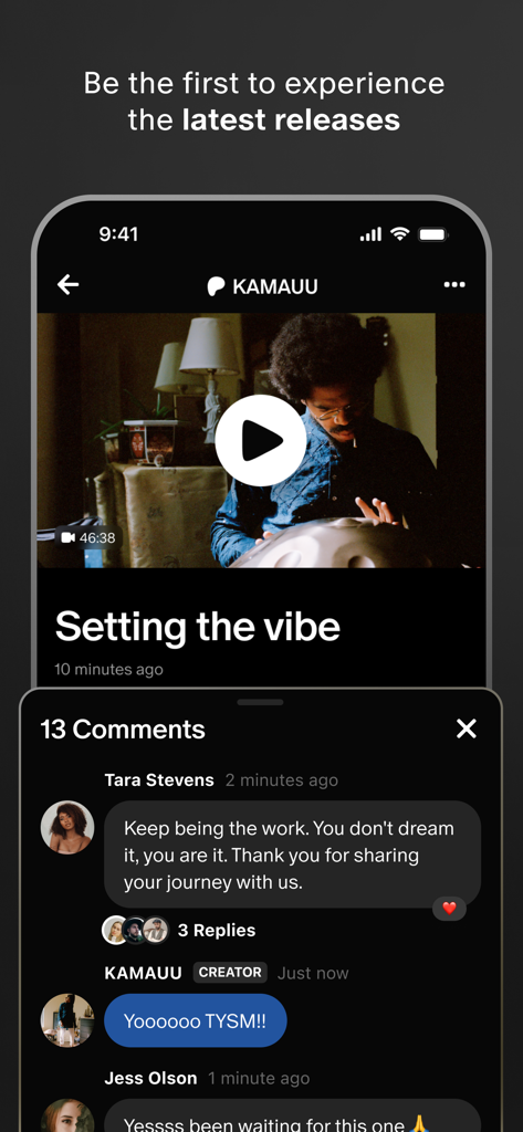 Interfaccia dell'app Patreon che mostra un post video e una sezione commenti dei fan con le risposte del creator.